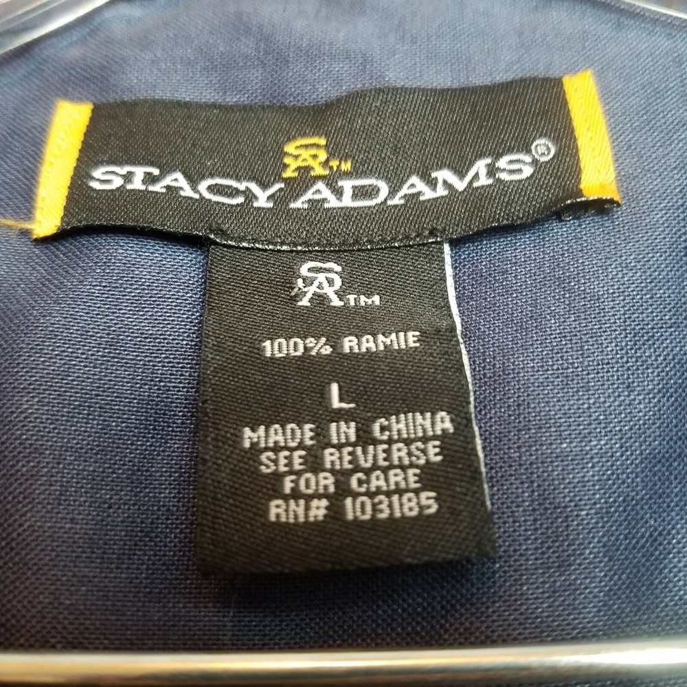 Stacy Adams Mens Button Camp Shirt LARGE Blue Ramie Short Sleeve Pocket Casual - Picture 5 of 6
